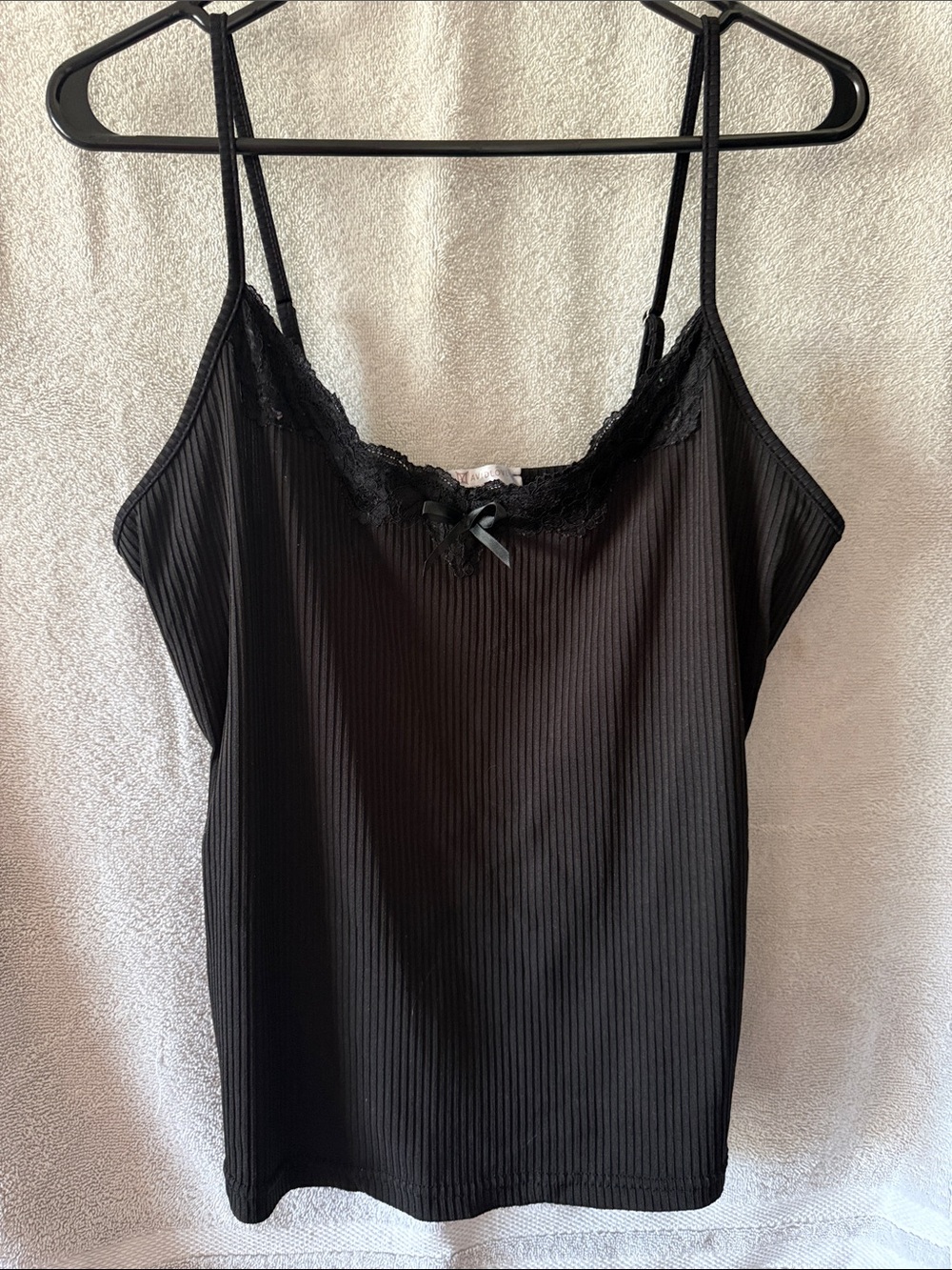 Black Lace-Trim Ribbed Camisole with Bow Accent